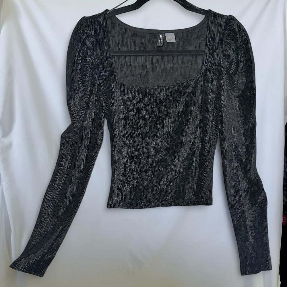Divided H&M Black Metallic Shimmer Square Neck Long Sleeve Top